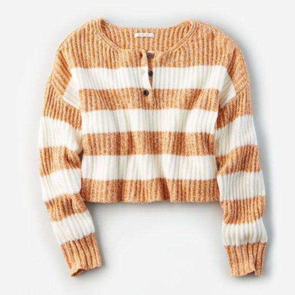 American Eagle Boxy Super Soft Cropped Henley Sweater Yellow White Stripes S - Picture 6 of 6